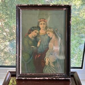 Vintage Framed Religious Art Print – Three Figures – Distressed Wood Frame